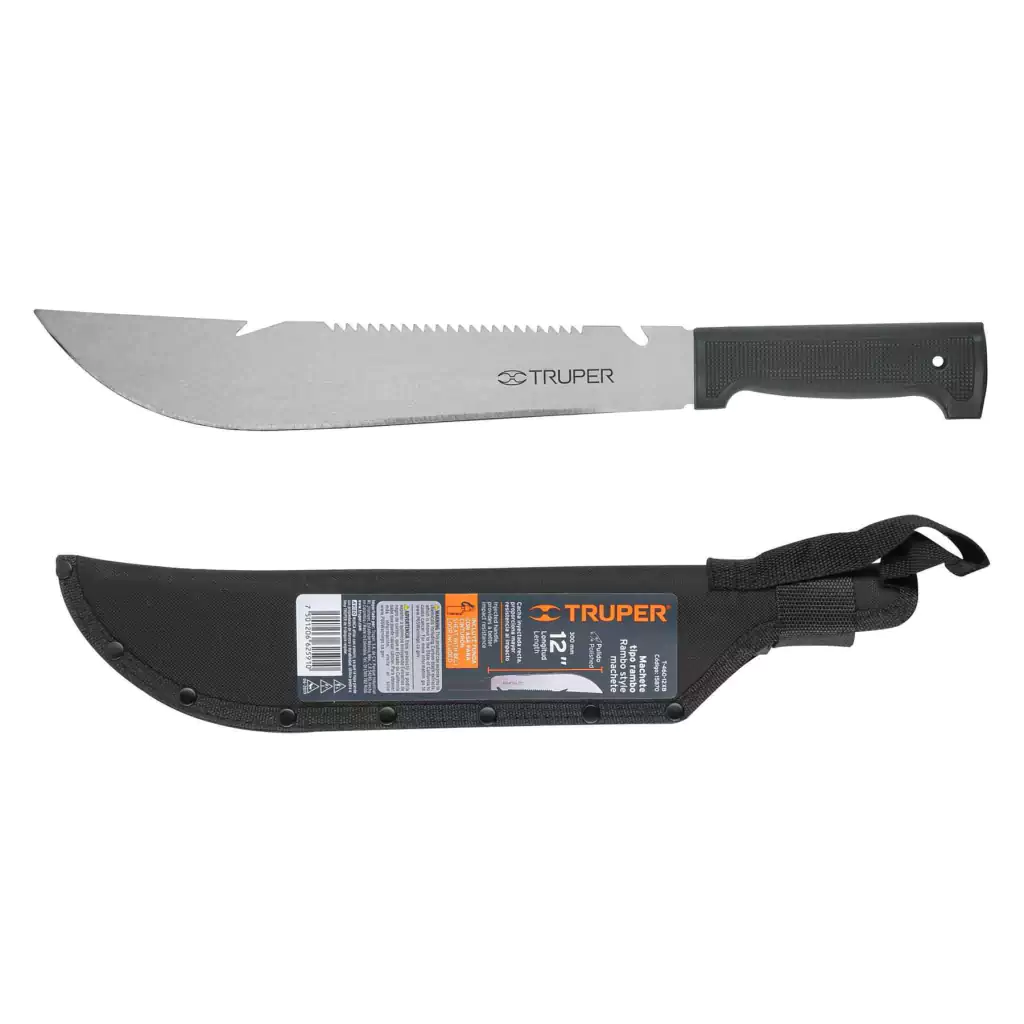 [15870 T-460-12XB] Machete Rambo 12" Cacha Inyectada Negra Con Funda Truper T-460-12XB